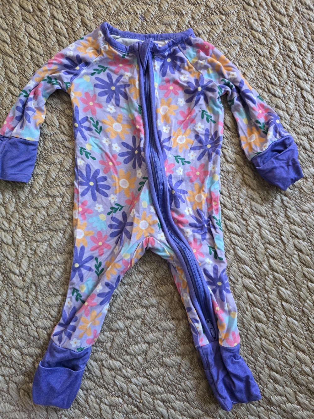 Purple Floral Zip Front Footed One-Piece Pajamas Bamboo